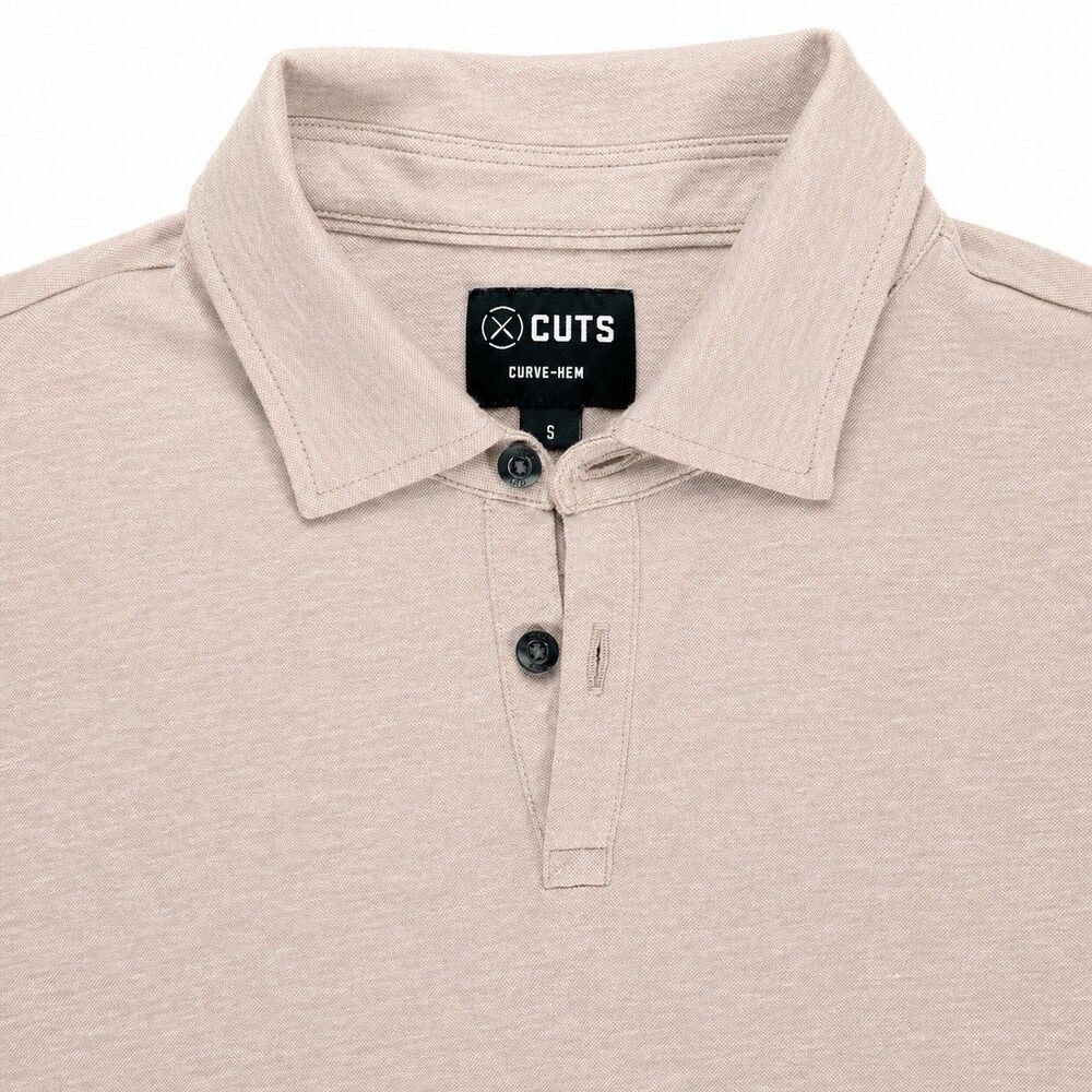 CUTS Clothing Polo Shirt Mens Small Beige Curve Hem Pima Cotton Stretch - Picture 2 of 7